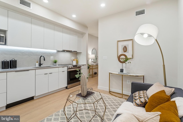 living room featuring light hardwood / wood-style flooring and sink