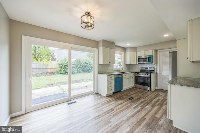 kitchen with sink, white cabinetry, light wood-type flooring, backsplash, and appliances with stainless steel finishes