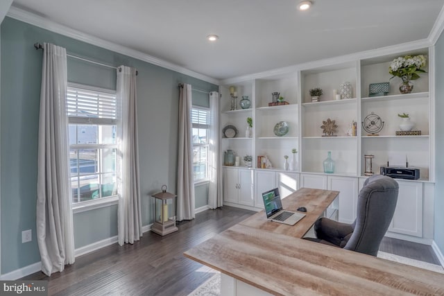 office space featuring ornamental molding, a wealth of natural light, and dark hardwood / wood-style floors