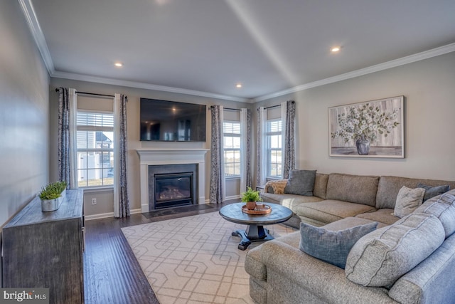 living room featuring a wealth of natural light, crown molding, and wood-type flooring