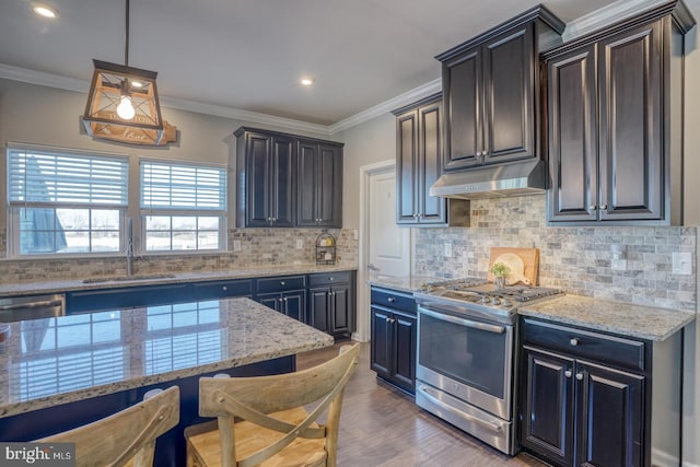 kitchen with decorative light fixtures, stainless steel appliances, tasteful backsplash, crown molding, and sink