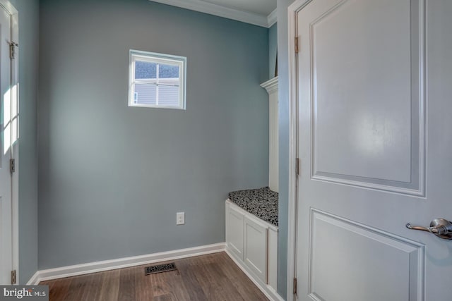 mudroom with dark hardwood / wood-style flooring, plenty of natural light, and crown molding