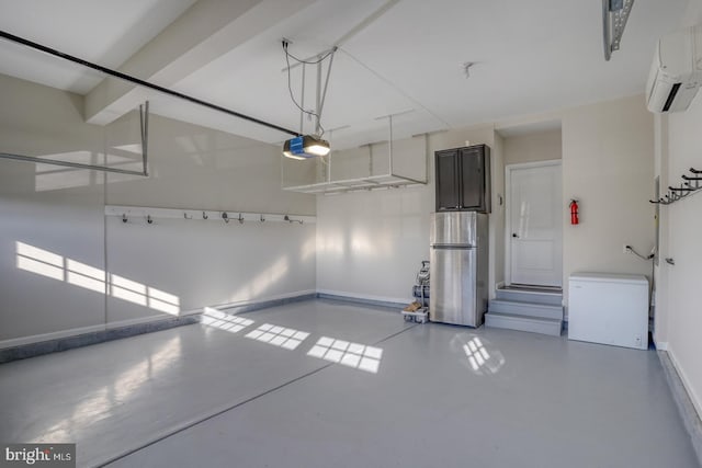 garage with fridge, a wall mounted air conditioner, a garage door opener, and stainless steel refrigerator