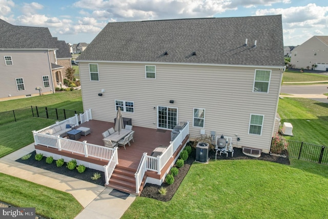 back of property featuring a yard, an outdoor hangout area, a deck, and cooling unit