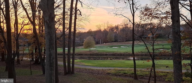 view of community featuring a water view and a lawn