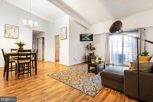 living room featuring wooden ceiling, wood-type flooring, beam ceiling, and an inviting chandelier