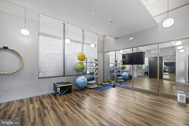 exercise room featuring a high ceiling and hardwood / wood-style floors