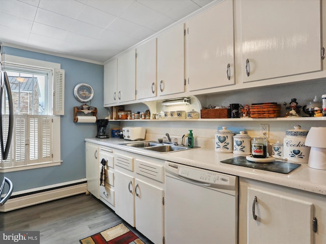 kitchen featuring dishwasher, ornamental molding, a baseboard heating unit, sink, and white cabinetry