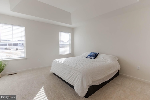 bedroom featuring light colored carpet, a raised ceiling, and multiple windows