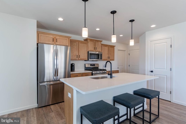 kitchen with appliances with stainless steel finishes, a kitchen island with sink, pendant lighting, and sink