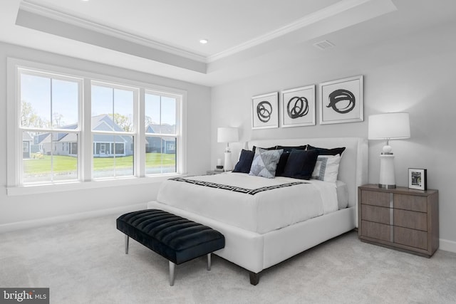 carpeted bedroom featuring a raised ceiling and crown molding