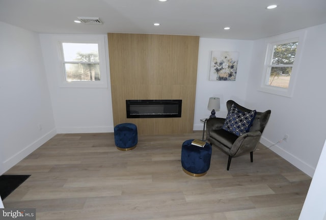 living area featuring a large fireplace and light wood-type flooring