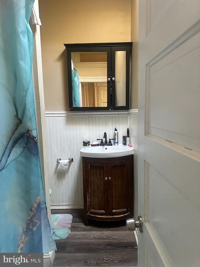 bathroom with hardwood / wood-style flooring and vanity