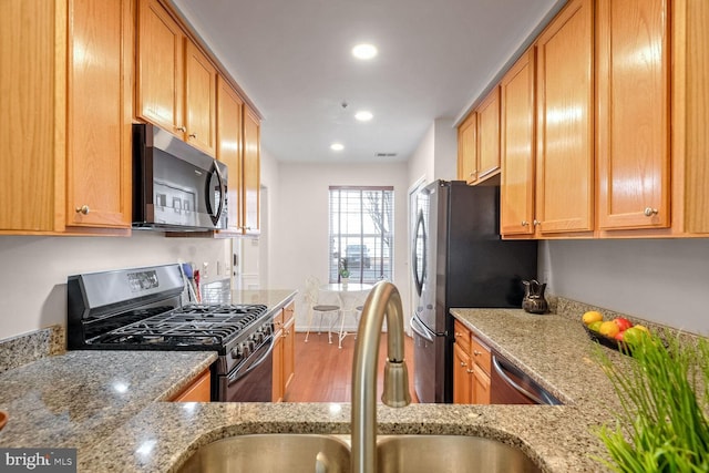 kitchen featuring light stone counters, sink, light hardwood / wood-style flooring, and stainless steel appliances