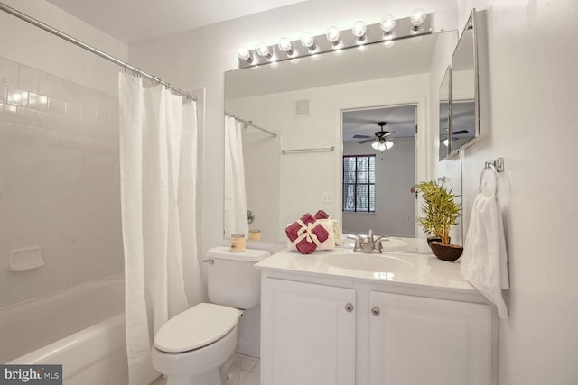 full bathroom with vanity, ceiling fan, toilet, and shower / bathtub combination with curtain