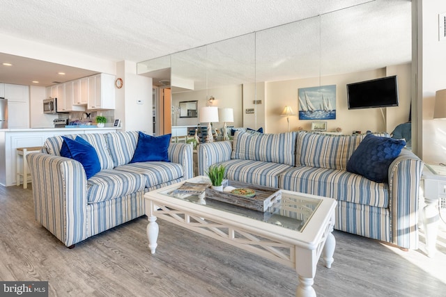 living room featuring a textured ceiling and light hardwood / wood-style flooring