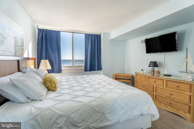 carpeted bedroom with a textured ceiling