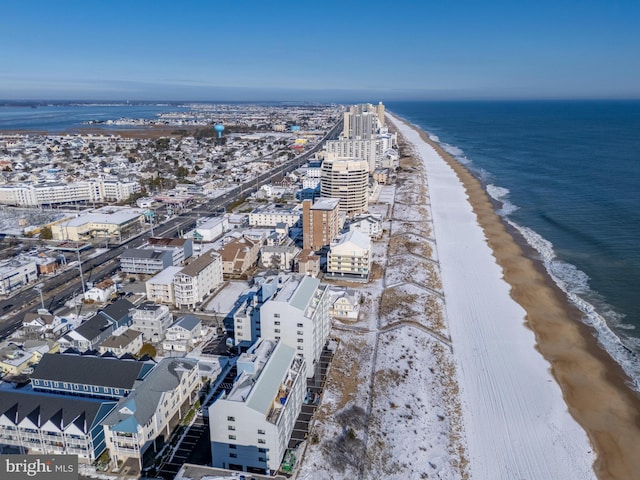 drone / aerial view with a water view and a view of the beach