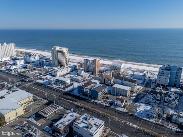 aerial view featuring a beach view and a water view