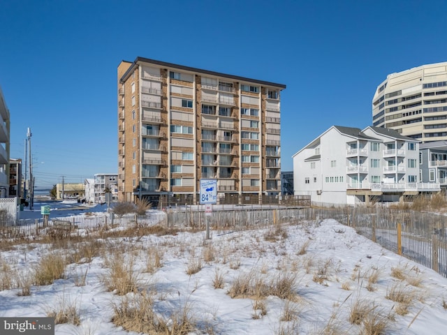 view of snow covered building