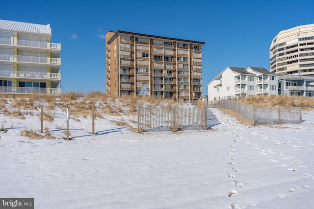 view of snow covered building