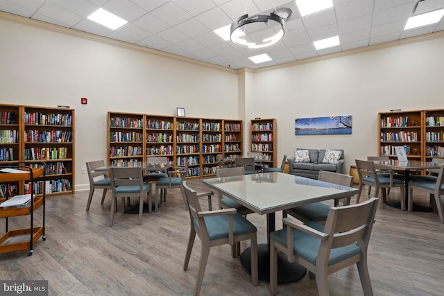 dining room featuring a drop ceiling, crown molding, and wood-type flooring