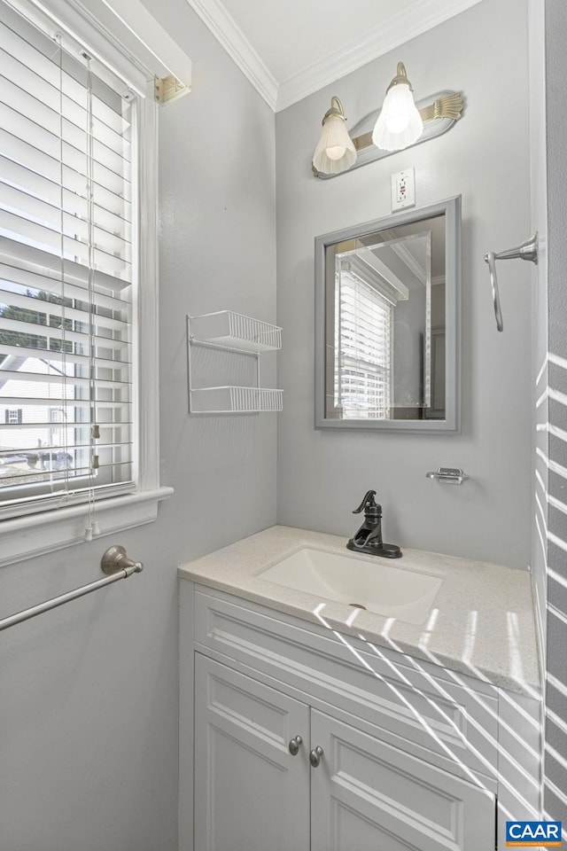 bathroom with crown molding and vanity