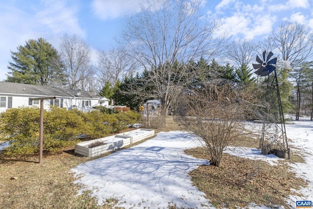 view of yard layered in snow