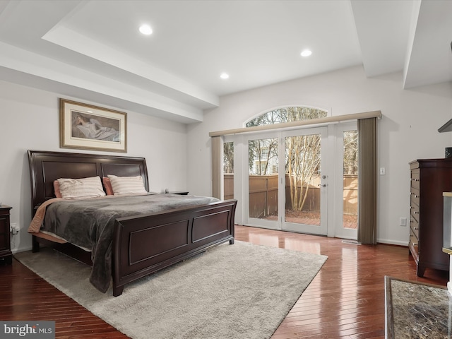 bedroom with access to outside, baseboards, dark wood-style flooring, and recessed lighting