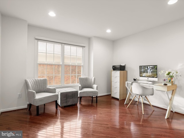 office space featuring recessed lighting, dark wood finished floors, and baseboards