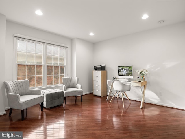 home office with dark wood-style floors, baseboards, and recessed lighting