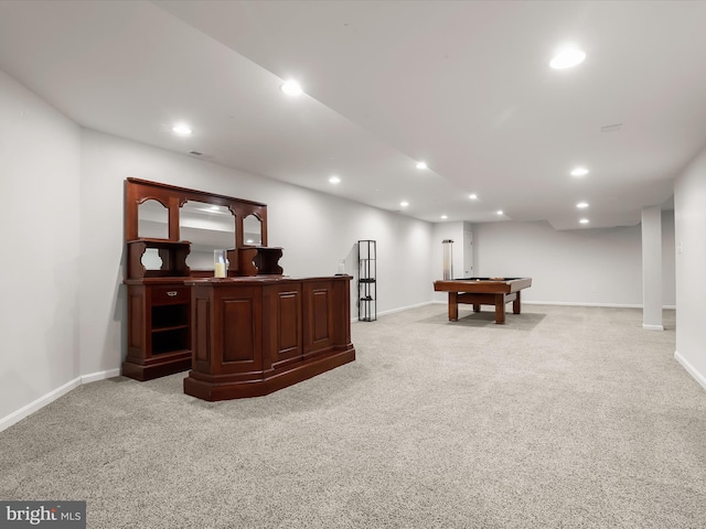 game room featuring recessed lighting, light colored carpet, and baseboards