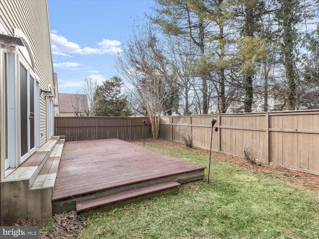 wooden terrace with a fenced backyard and a yard