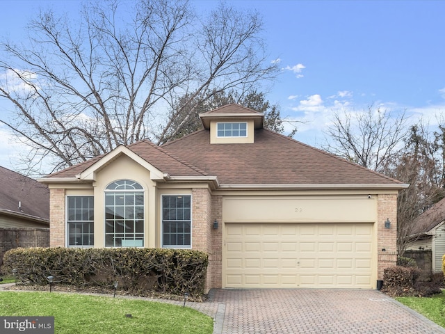 view of front facade featuring decorative driveway, brick siding, an attached garage, and roof with shingles