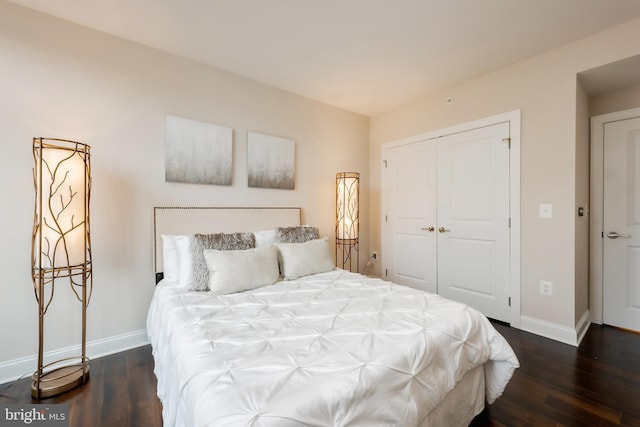 bedroom featuring dark hardwood / wood-style floors and a closet