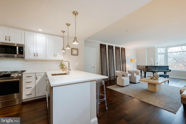 kitchen with tasteful backsplash, pendant lighting, sink, stainless steel appliances, and white cabinets