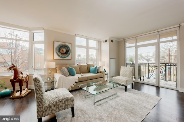 living room featuring floor to ceiling windows, dark hardwood / wood-style flooring, and ornamental molding