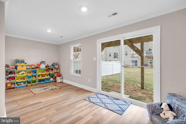 game room featuring crown molding and light hardwood / wood-style flooring