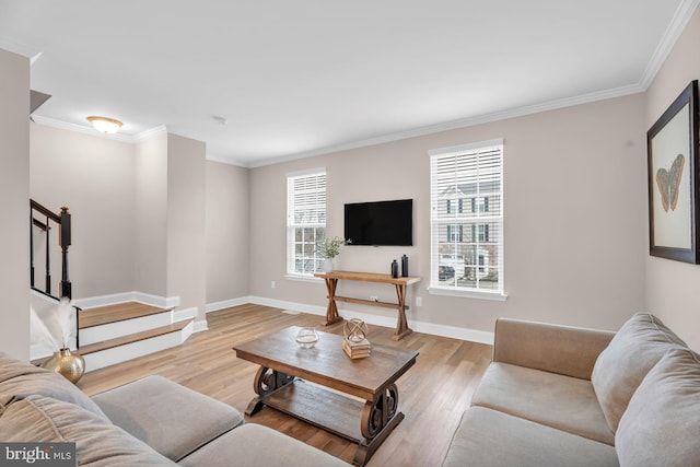 living room with light hardwood / wood-style flooring and crown molding