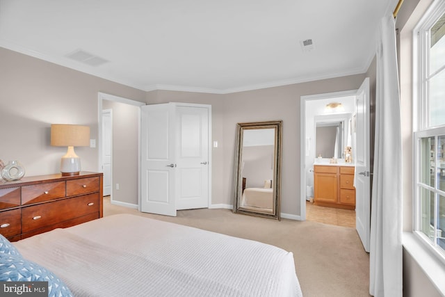 carpeted bedroom with crown molding, connected bathroom, and multiple windows