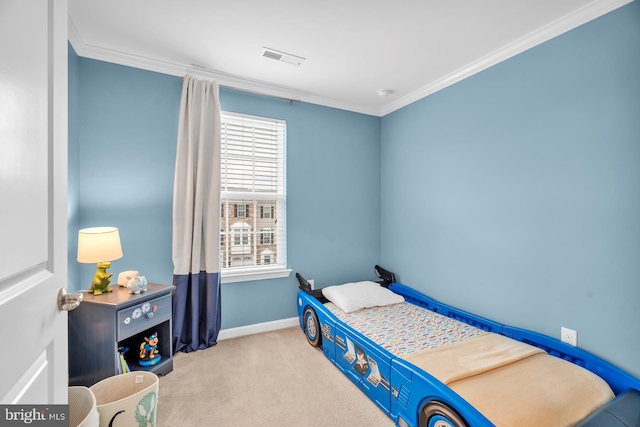 carpeted bedroom with ornamental molding