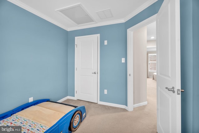 carpeted bedroom featuring crown molding