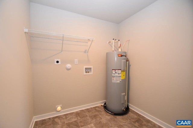 clothes washing area with washer hookup, water heater, and electric dryer hookup