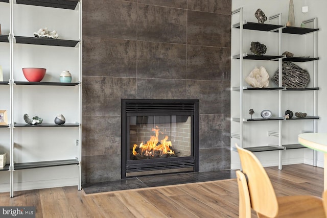 room details featuring hardwood / wood-style flooring and a fireplace