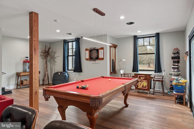 playroom featuring pool table and light wood-type flooring