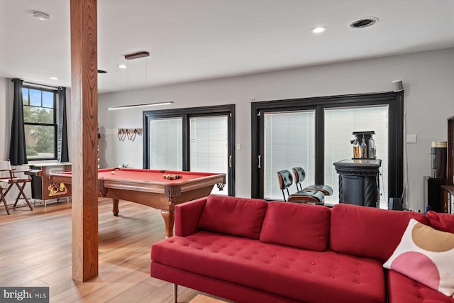 game room featuring billiards and light hardwood / wood-style floors