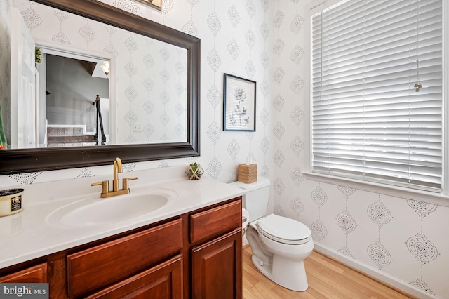 bathroom featuring hardwood / wood-style flooring, vanity, and toilet