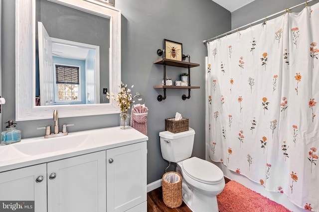 bathroom with vanity, wood-type flooring, toilet, and a shower with shower curtain