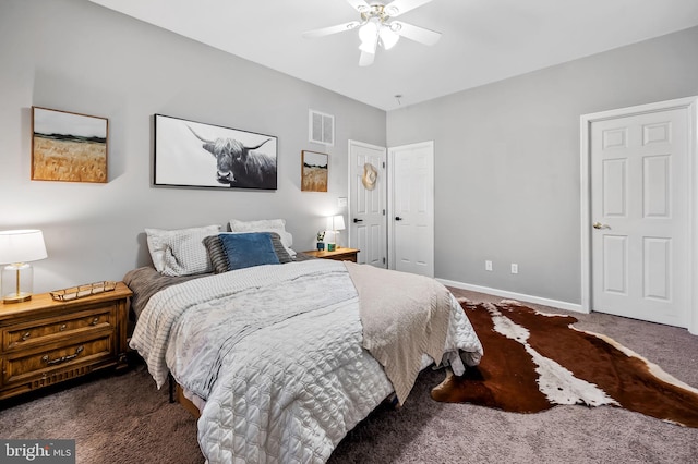 carpeted bedroom with ceiling fan