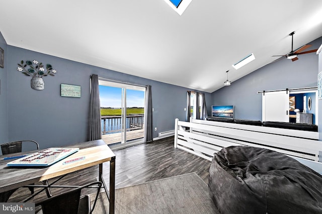 living room featuring a baseboard radiator, dark hardwood / wood-style flooring, ceiling fan, lofted ceiling with skylight, and a barn door